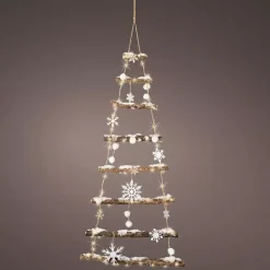 Abete in legno ramo illuminato Neve e fiocchi di neve a pile Bianco caldo