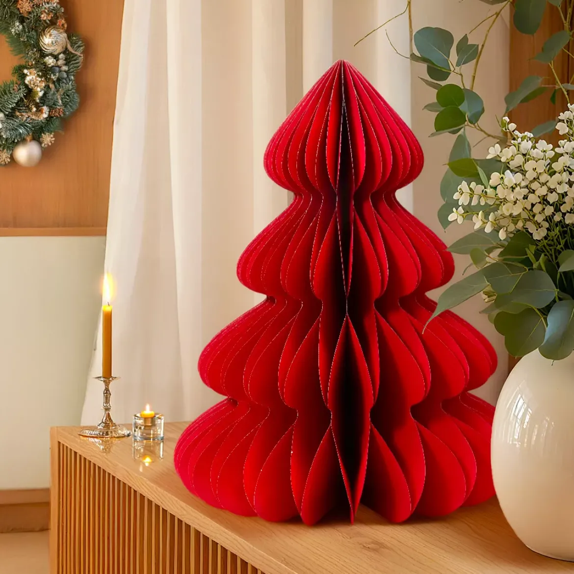 Albero di Natale in carta da tavolo (H60 cm) Chiusura Magnetica Rosso