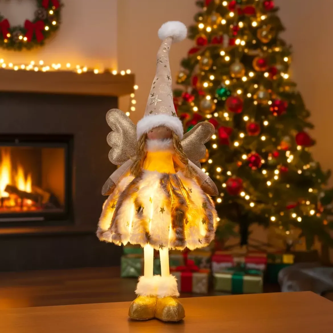Angelo di Natale luminoso a pile (H50 cm) Gladys pelliccia Dorato
