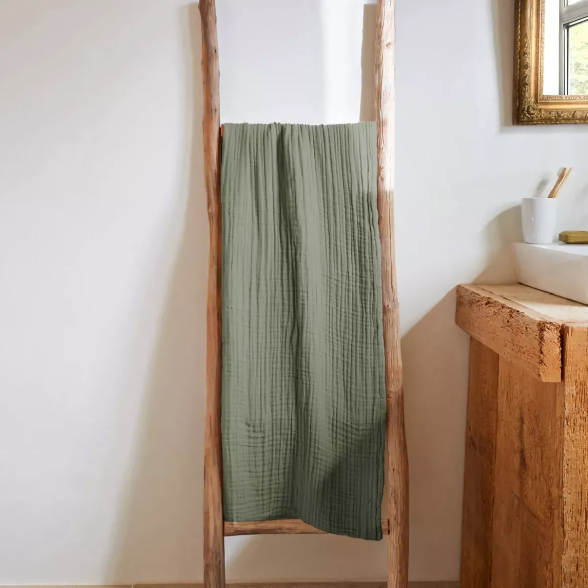 Asciugamano da bagno in garza di cotone (70 x 130 cm) Gaïa Verde rosmarino