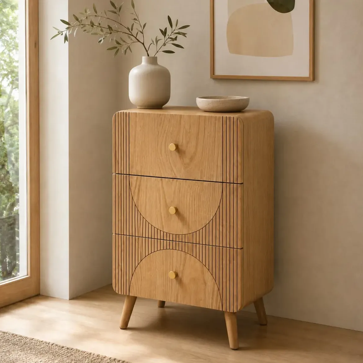 Comò cassettiera 3 cassetti in legno (H70 cm) Mila Naturale