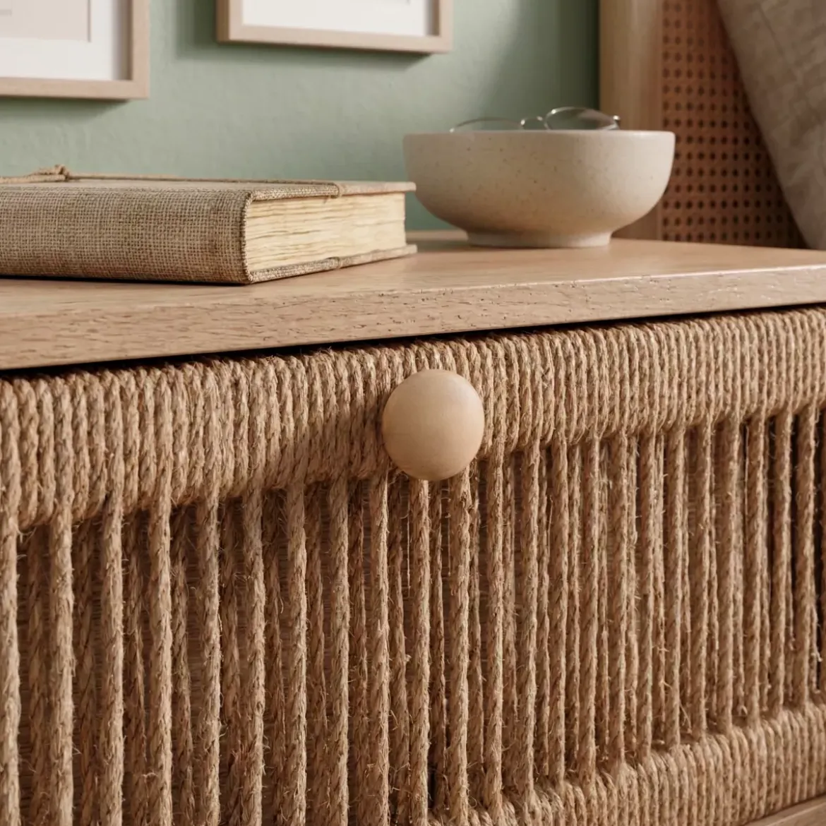 Comodino legno e corde di canapa (Alt 58 cm) Manille cassetto Beige