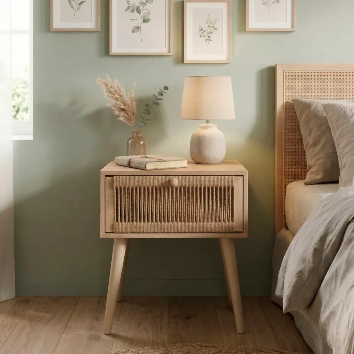 Comodino legno e corde di canapa (Alt 58 cm) Manille cassetto Beige