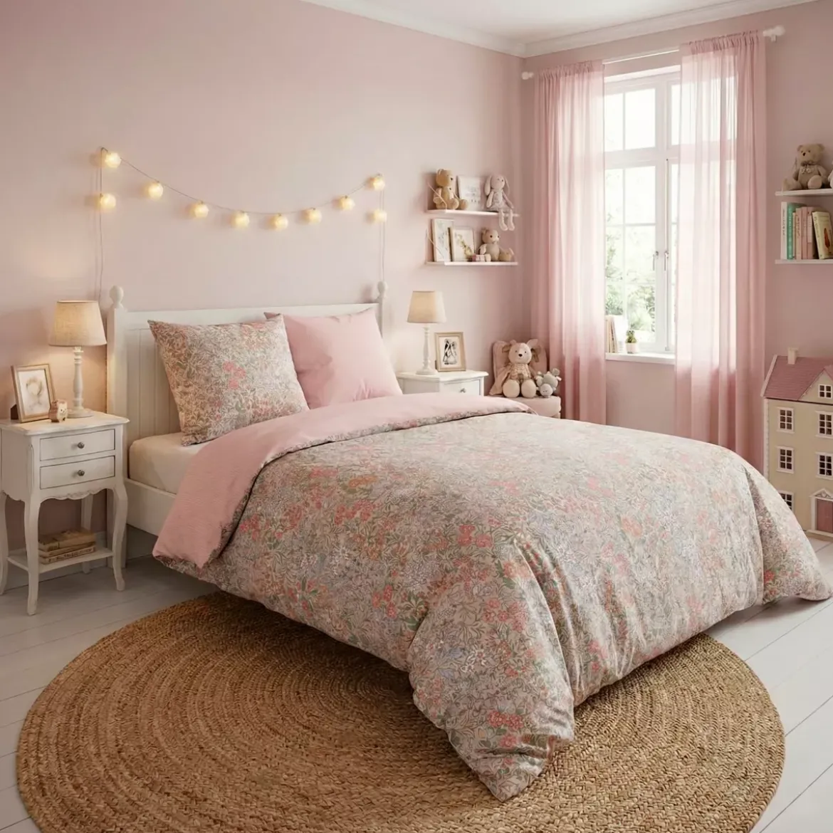 Completo lenzuola per bambini con 2 federe in cotone (240 x 220 cm) Pimprenelle Rosa