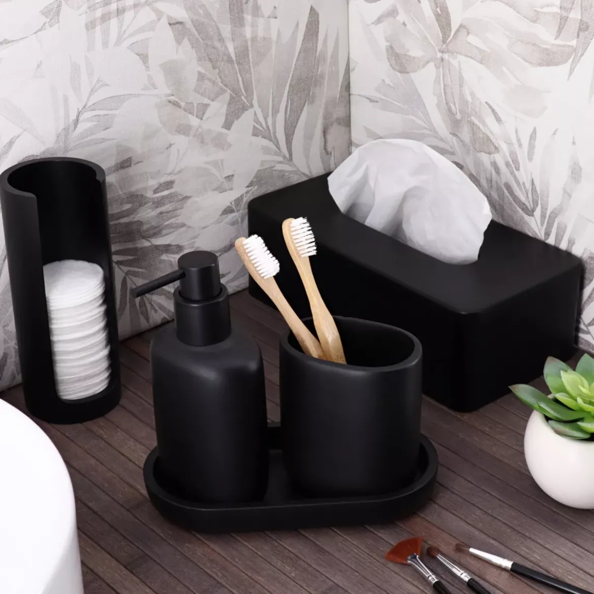 Contenitore porta dischetti di cotone (H17 cm) Japandi Nero