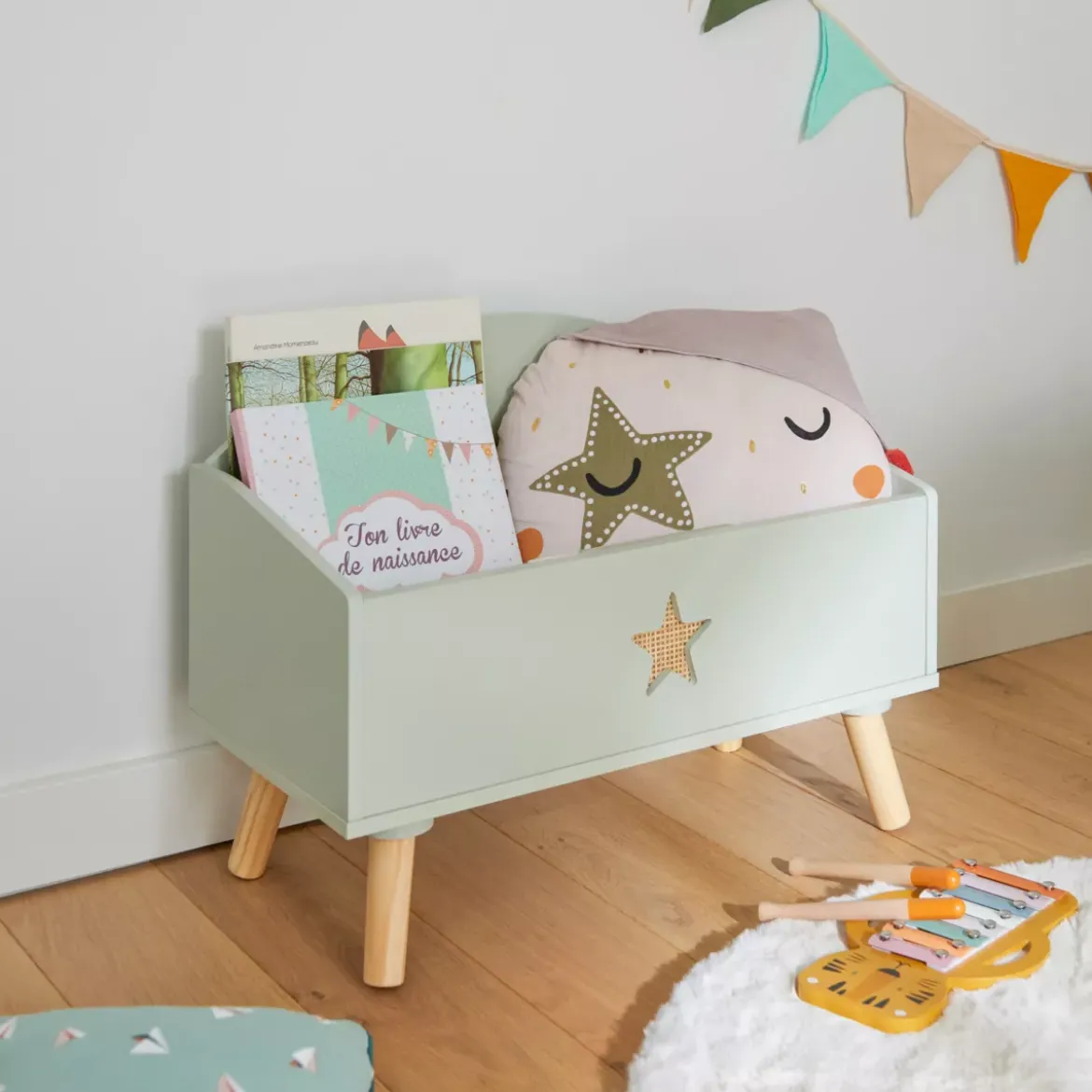 Contenitore porta giocattoli bambino legno (H44 cm) Stars Verde
