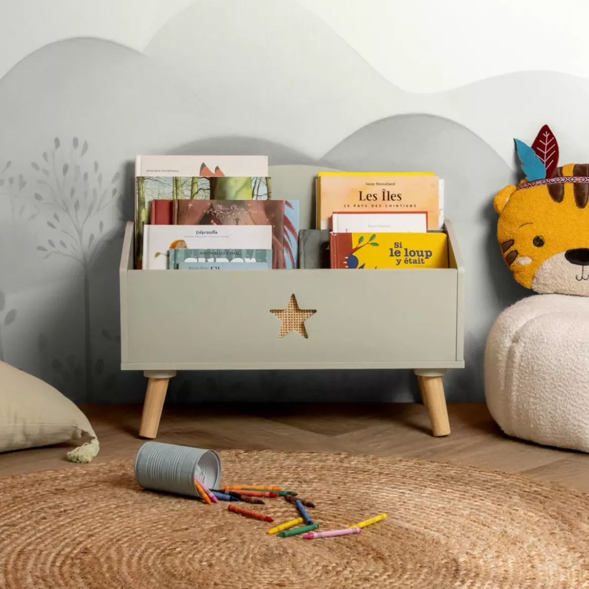 Contenitore porta giocattoli bambino legno (H44 cm) Stars Verde