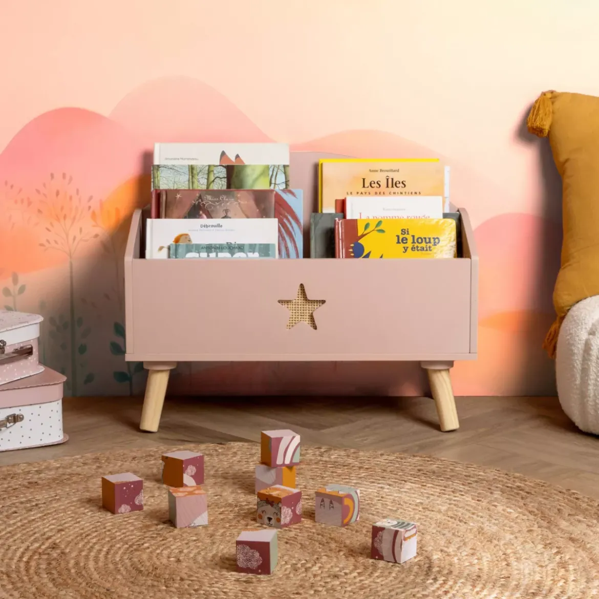 Contenitore porta giocattoli bambino legno (H44 cm) Stars Rosa