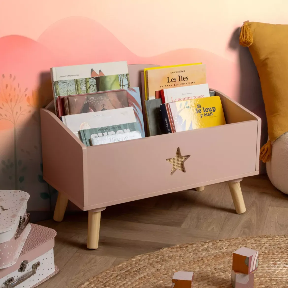 Contenitore porta giocattoli bambino legno (H44 cm) Stars Rosa