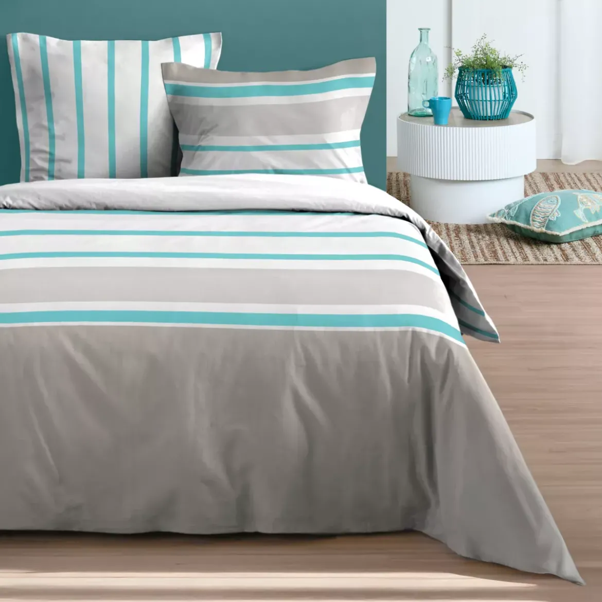 Copripiumino e due federe in cotone (260 x 240 cm) Barbados Verde celadon