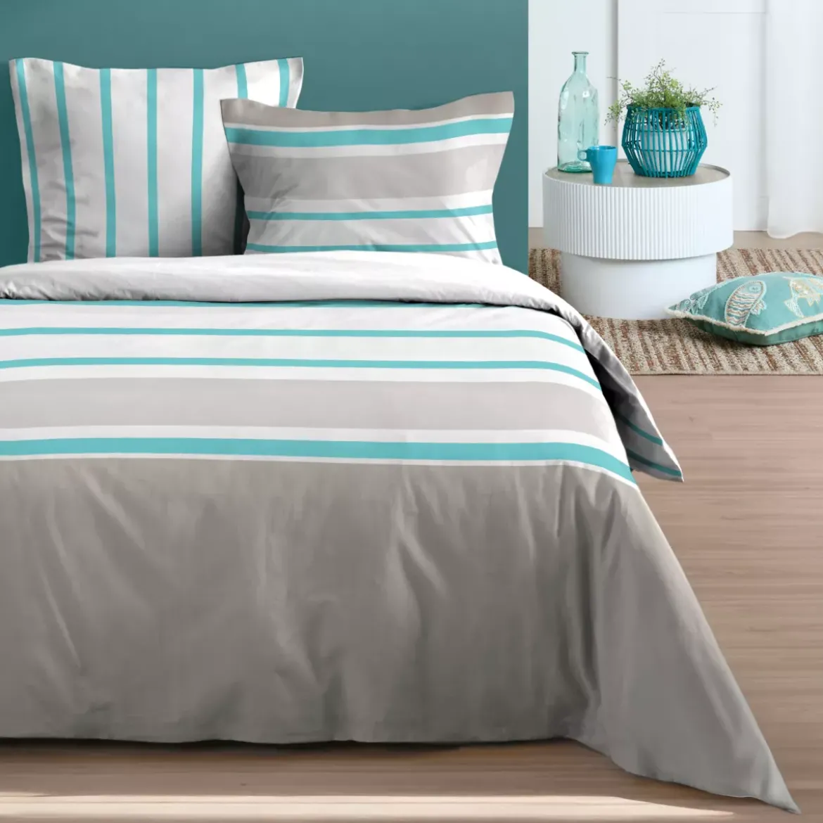 Copripiumino e due federe in cotone (240 x 220 cm) Barbados Verde celadon