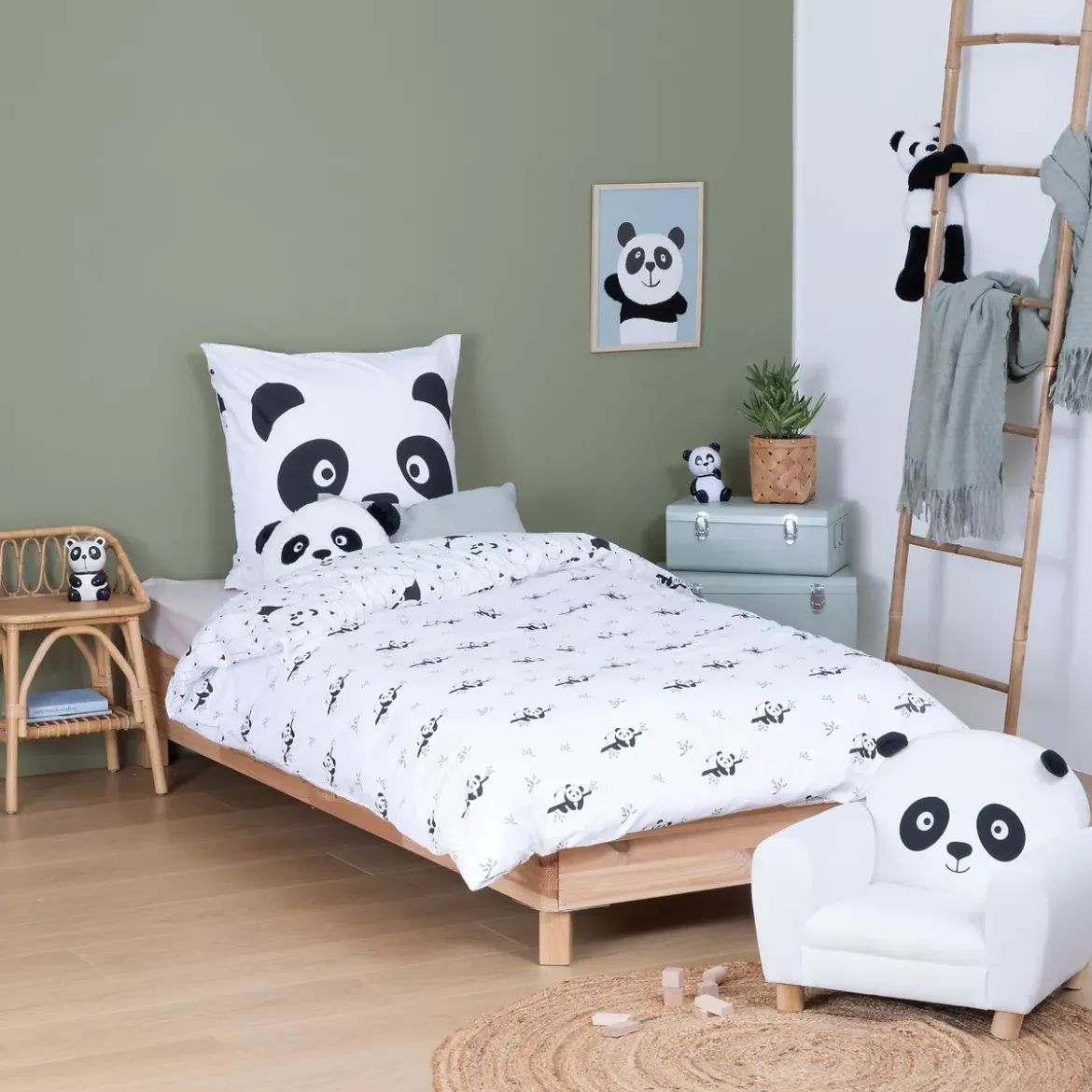 Copripiumino e federa per bambini in cotone (140 x 200 cm) Panda Nero