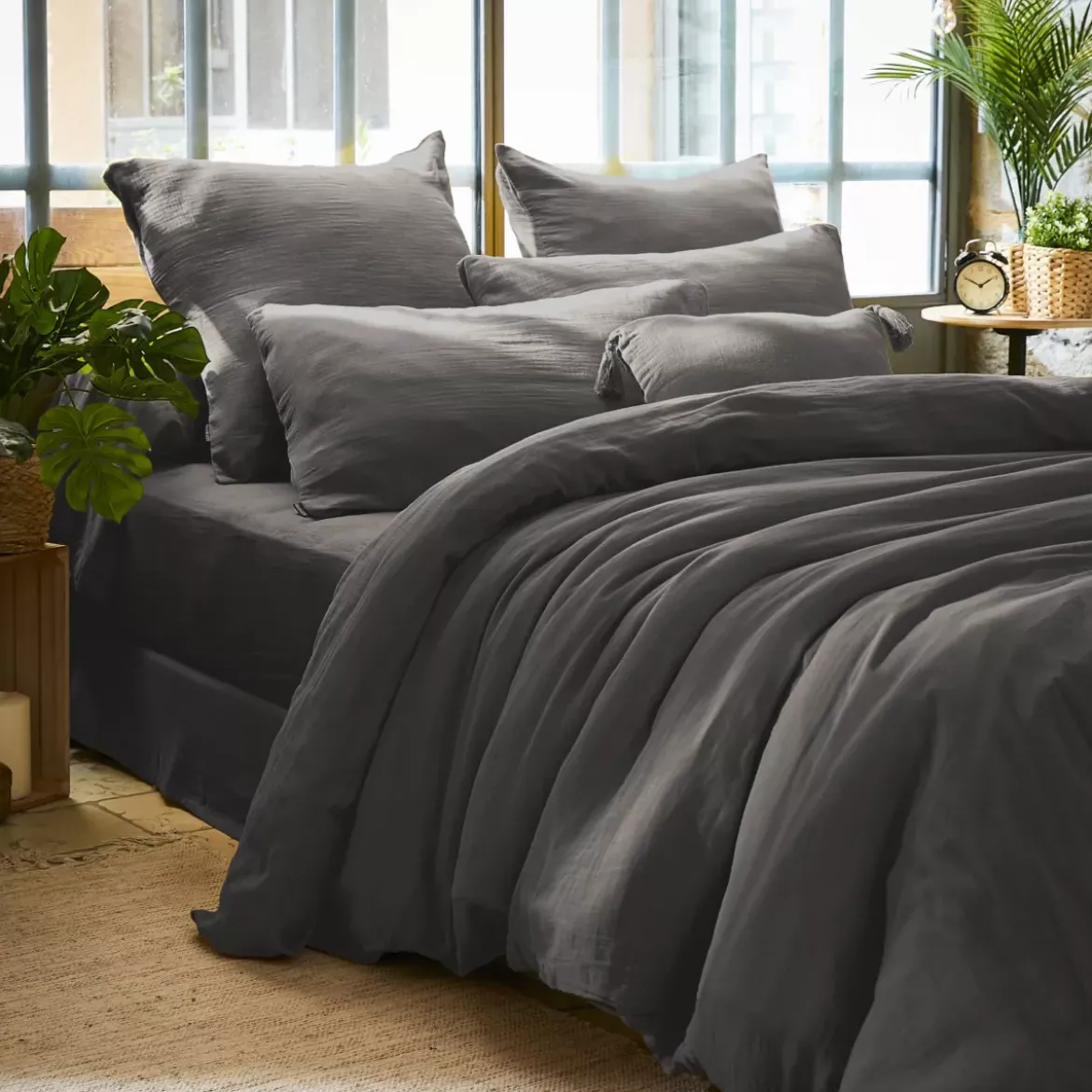 Copripiumino garza di cotone (240 x 220 cm) Gaïa Grigio granito