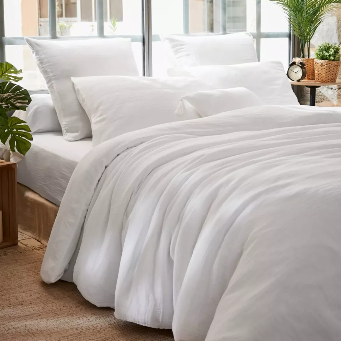 Copripiumino garza di cotone (200 x 200 cm) Gaïa Bianco chantilly