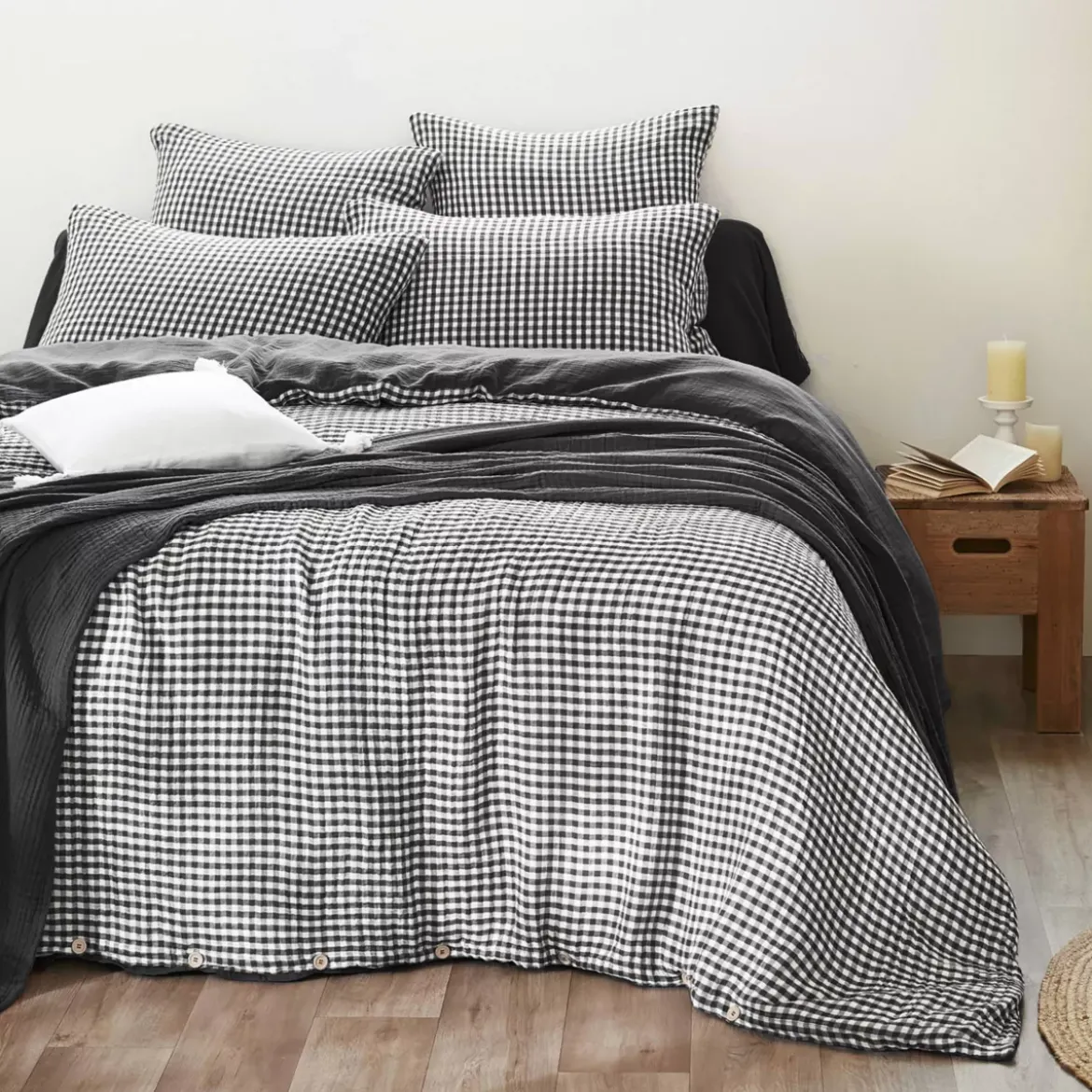 Copripiumino garza di cotone (140 x 200 cm) Gaïa vichy Nero