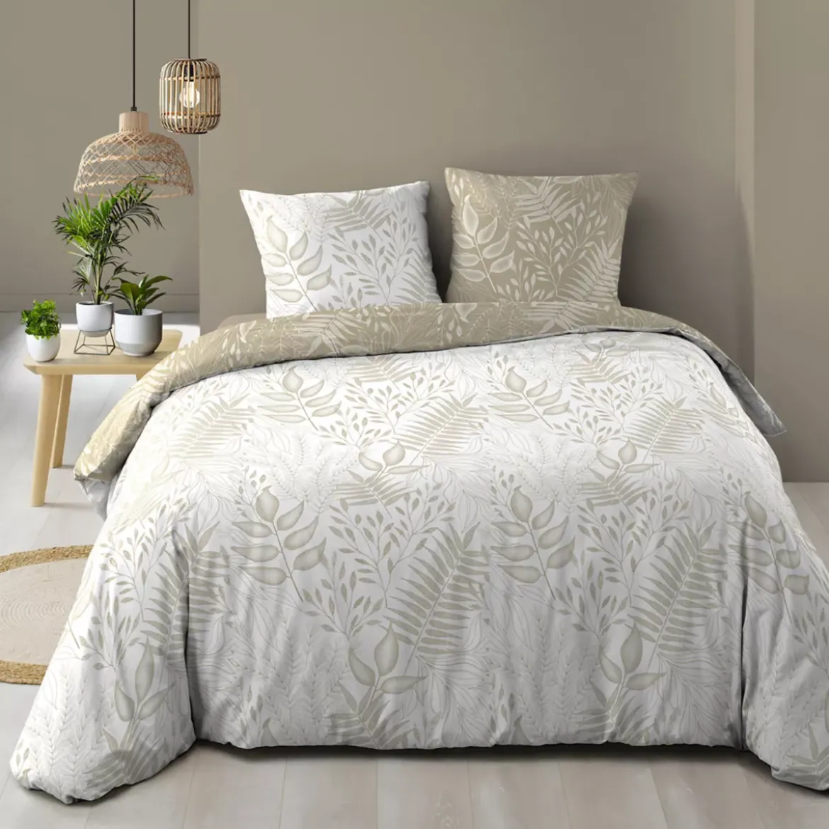Copripiumino matrimoniale e due federe cotone (260 x 240 cm) Cassia Beige