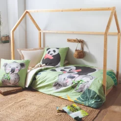 Copripiumino per bambini in cotone percalle (140 x 200 cm) Panda verde