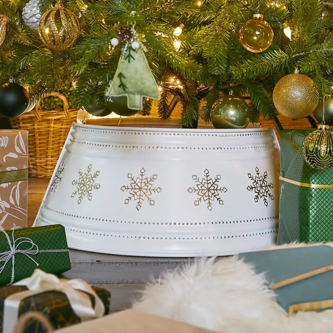 Coprivaso albero di Natale in metallo (D57 cm) Bianco e Fiocchi dorati
