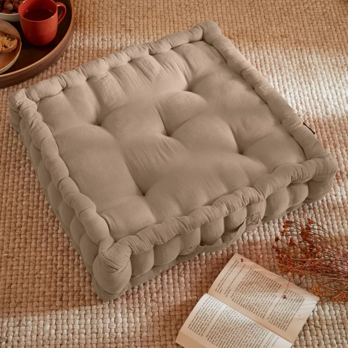 Cuscino da pavimento quadrato garza di cotone (50 x 50 cm) Gaïa Marrone corda