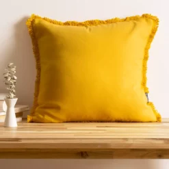 Cuscino quadrato in cotone (45 x 45 cm) Pixel con frange Giallo senape
