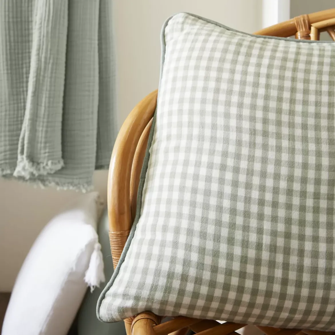Cuscino rettangolare in garza di cotone (40 x 60 cm) Gaïa vichy Verde eucalipto