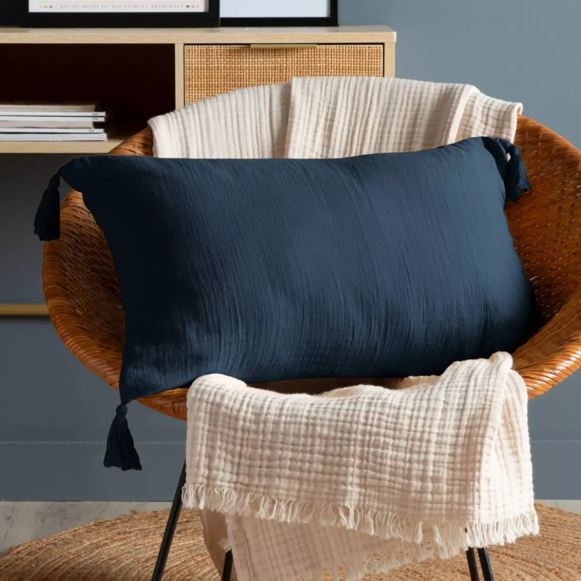Cuscino rettangolare in garza di cotone (40 x 60 cm) Gaia Blu notte
