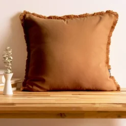 Cuscino quadrato in cotone (45 x 45 cm) Pixel frange Camel