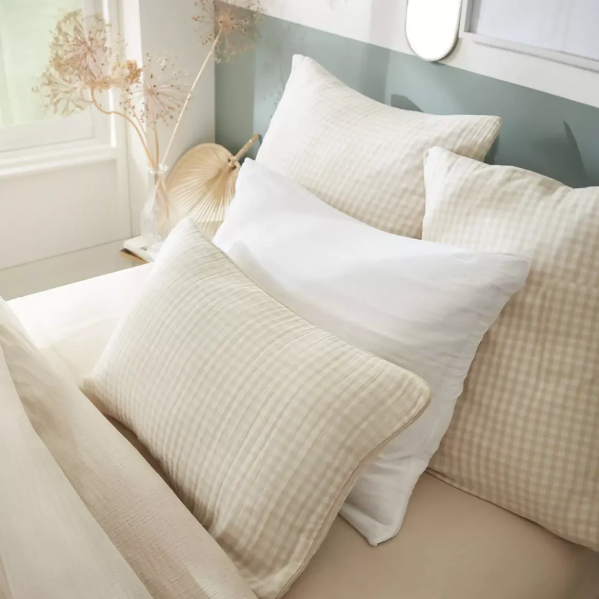 Cuscino rettangolare in garza di cotone (40 x 60 cm) Gaïa vichy Beige