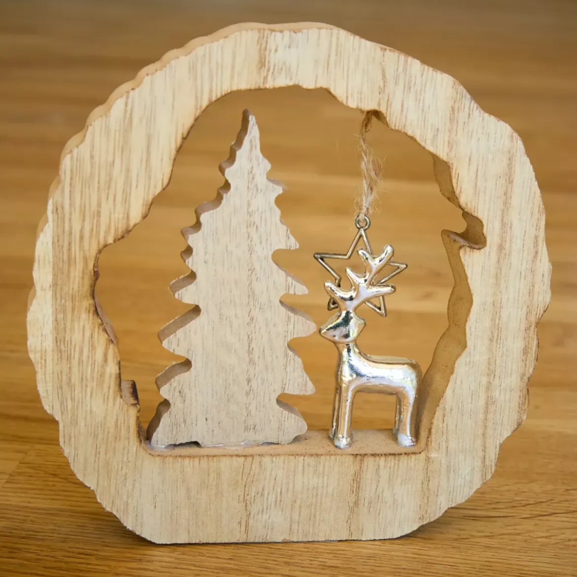 Decorazione in legno (H14 cm) Renna e albero Legno biondo