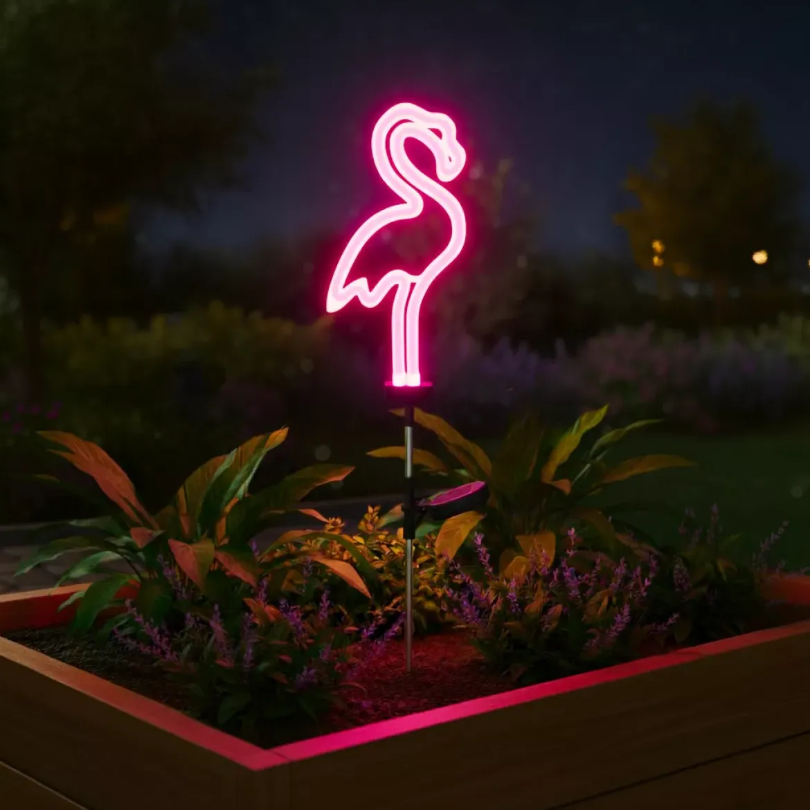 Decorazione luminosa Solare da infilare nel terreno (H74 cm) neon Fenicottero Rosa
