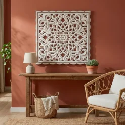 Decorazione murale in legno (L80 cm) Mandala Bianco patinato