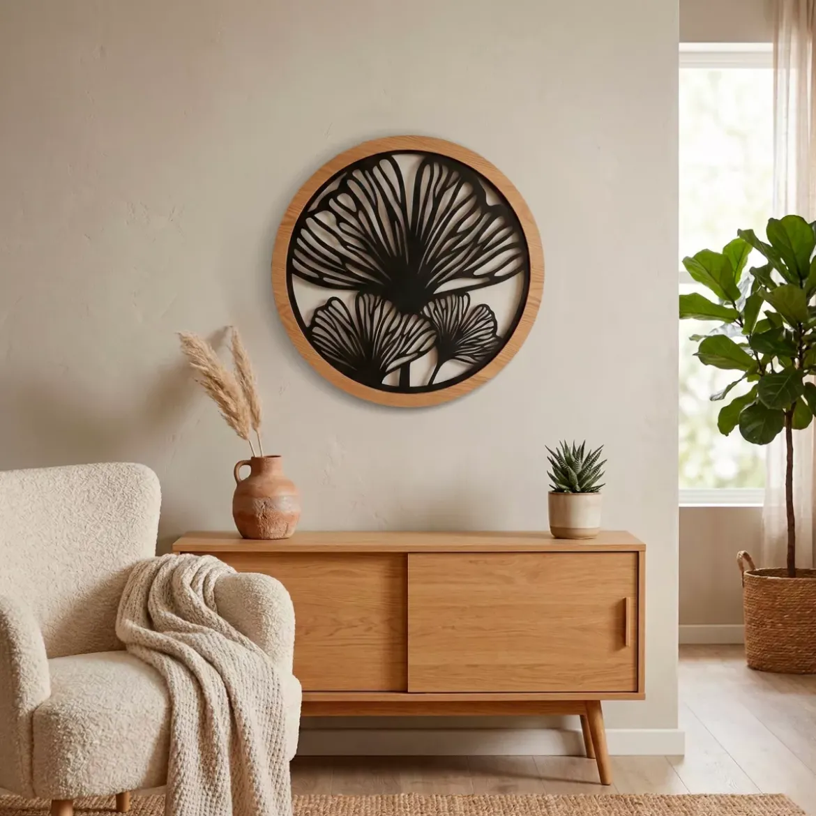 Decorazione murale rotonda in metallo (D60 cm) Ginkgo Nero