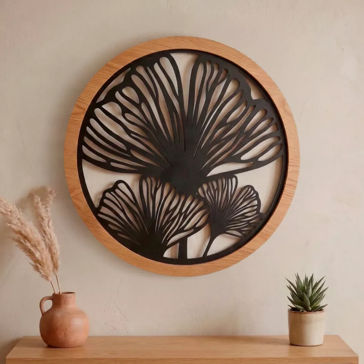 Decorazione murale rotonda in metallo (D60 cm) Ginkgo Nero