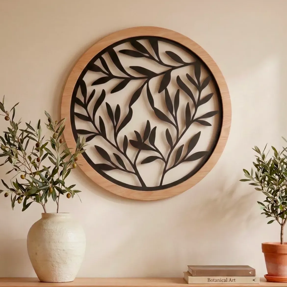 Decorazione murale rotonda in metallo (D60 cm) Foglie Nero