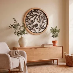 Decorazione murale rotonda in metallo (D60 cm) Foglie Nero