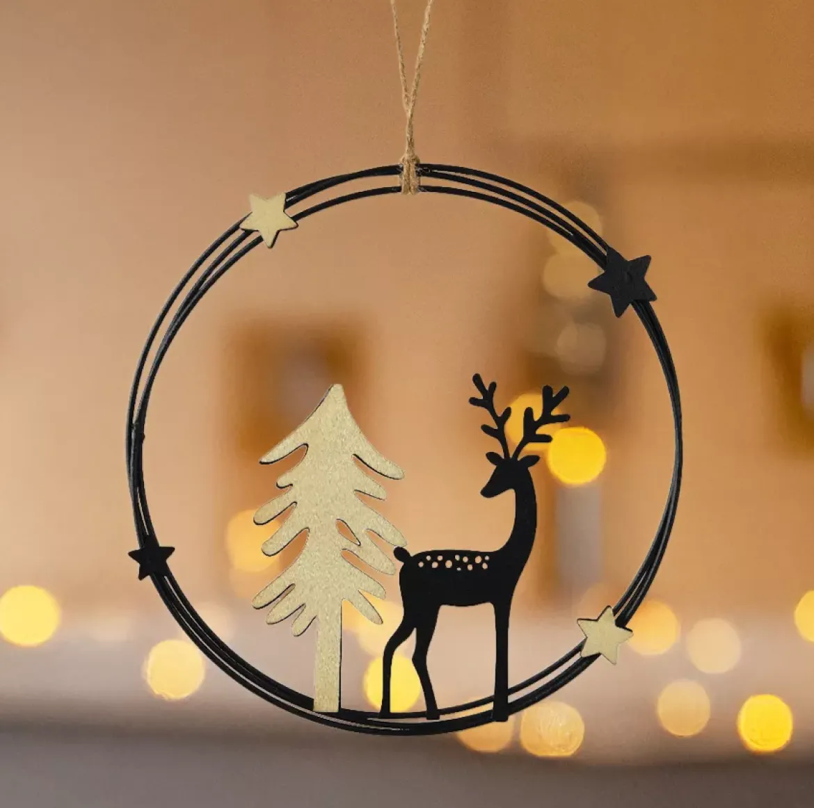 Decorazione natalizia da appendere in metallo (D18 cm) Renna chic Nero e oro