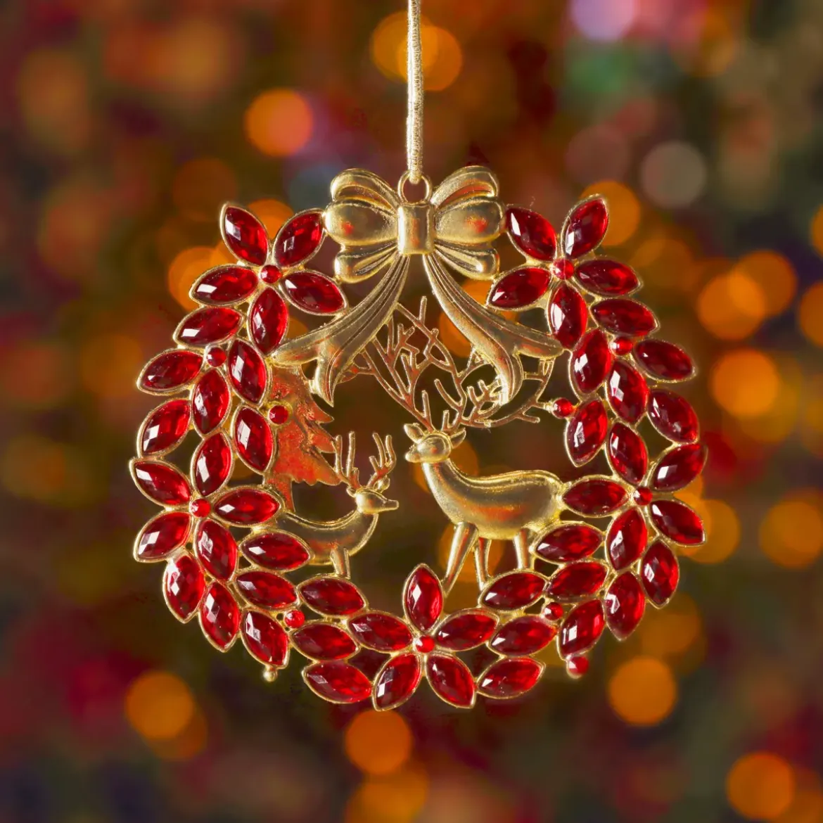 Decorazione natalizia da appendere in metallo (D9 cm) Corona e strass Rosso e dorato