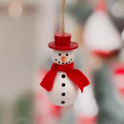 Decorazione natalizia sospesa in legno (H10 cm) Simpatico pupazzo di neve Rosso e bianco