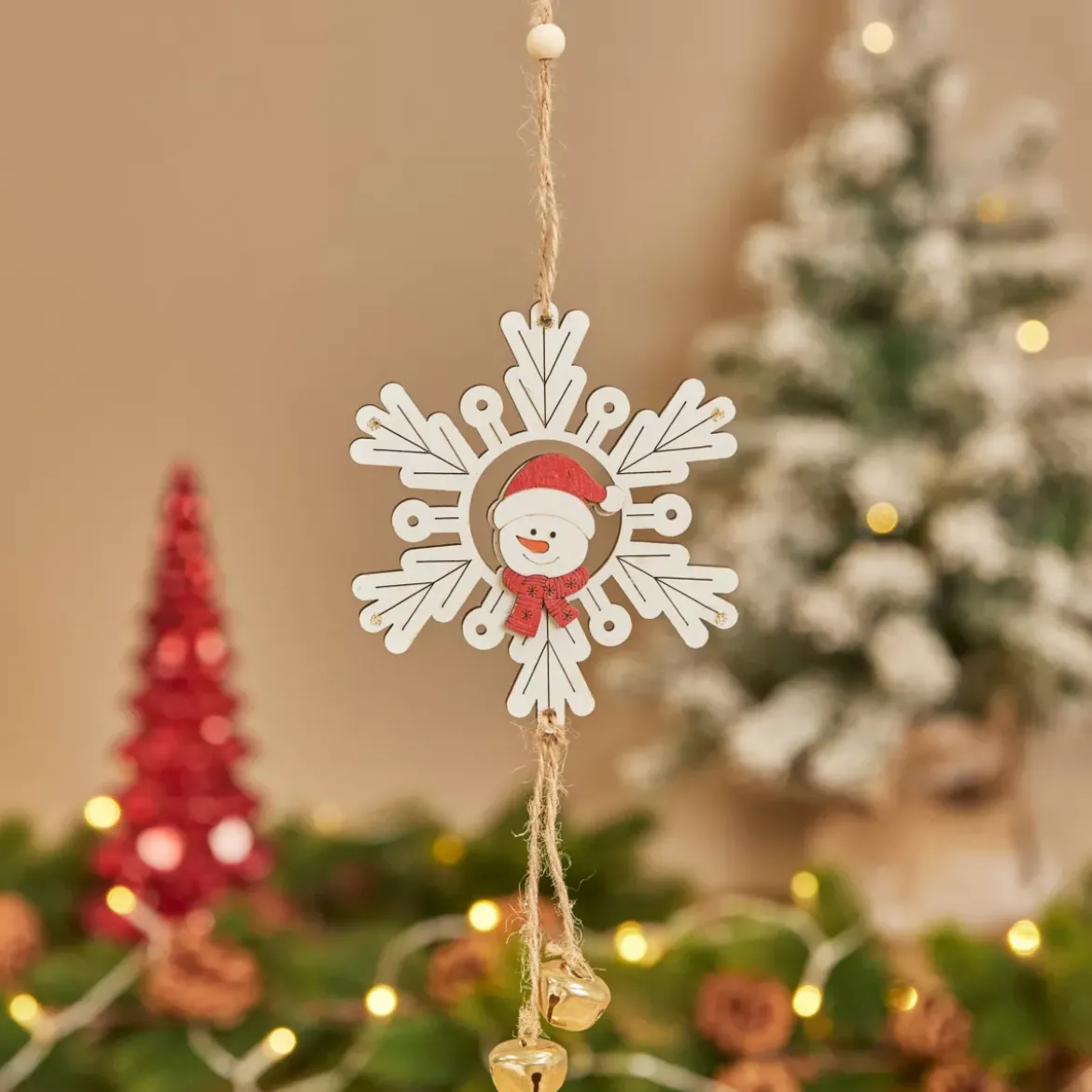 Decorazione natalizia sospesa in legno (D9 cm) Pupazzo di neve e fiocco Bianco