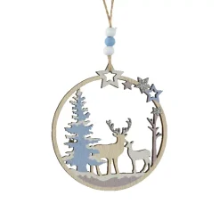 Decorazione natalizia sospesa in legno (D11 cm) Renna e cerva nel bosco Blu