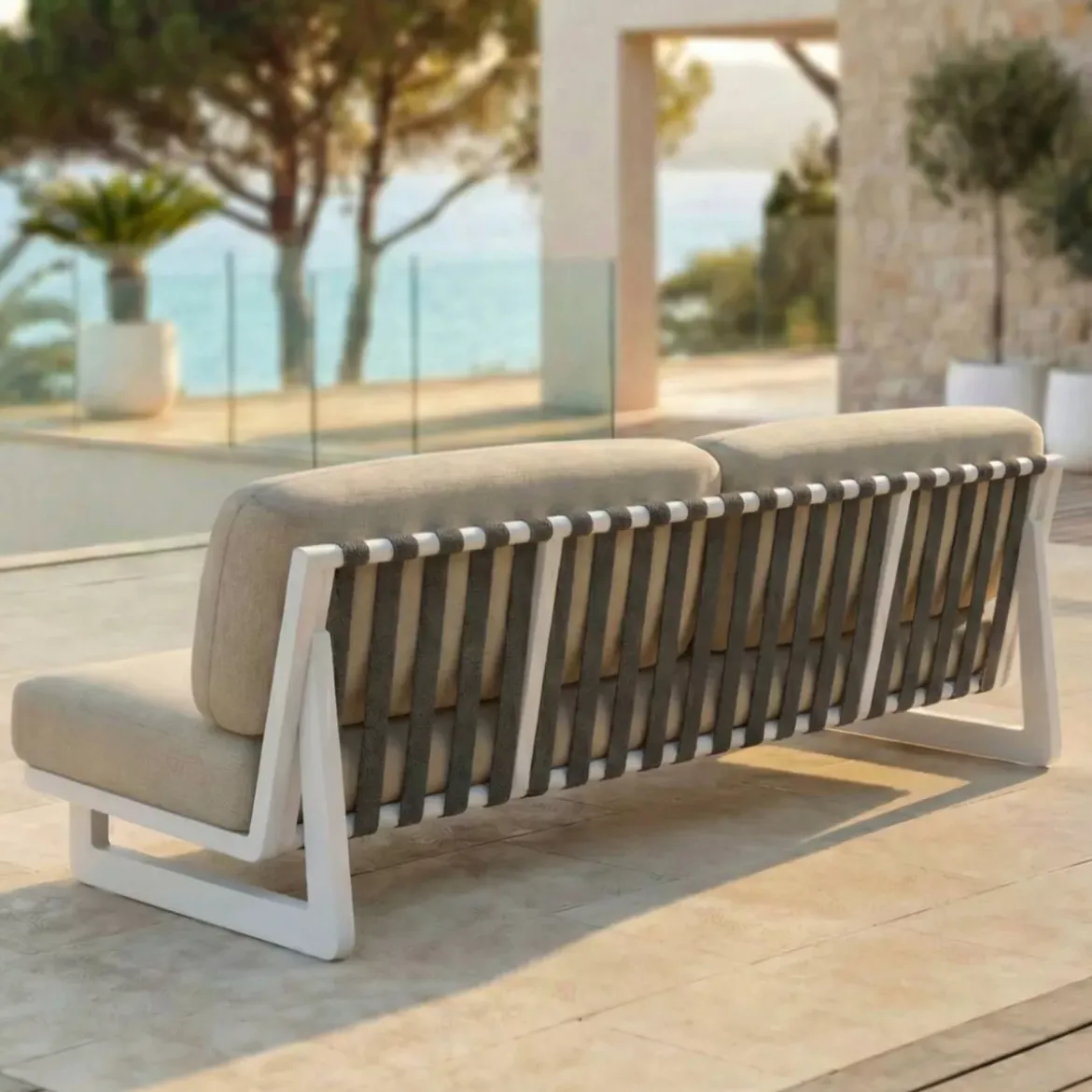 Divano da giardino in alluminio a 3 posti Long Beach Bianco cenere e beige