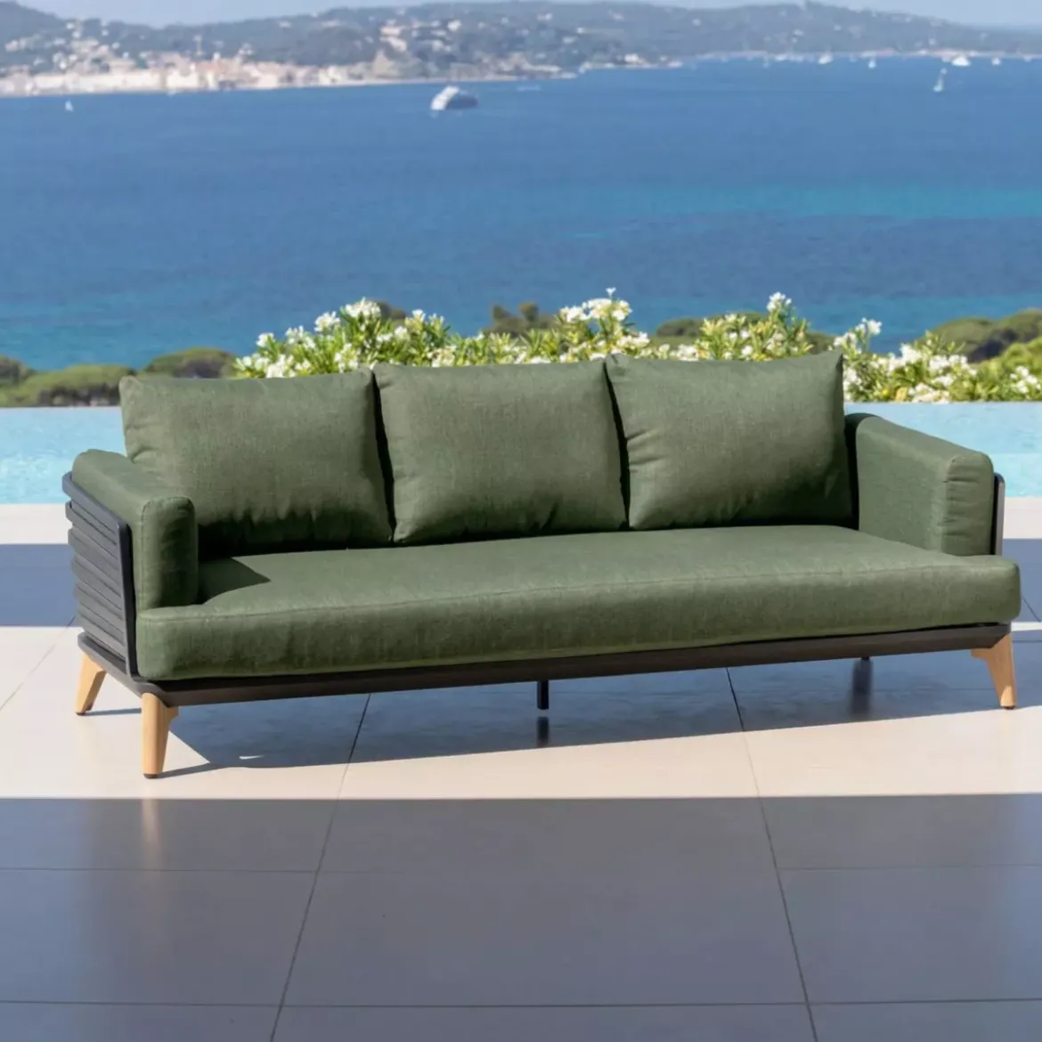 Divano da giardino in alluminio 3 posti Monte Carlo Grigio antracite e verde rosmarino