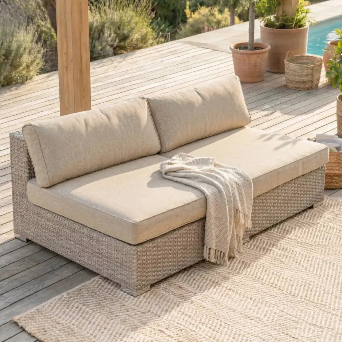 Divano da giardino in resina intrecciata 2 posti Palma Grigio e beige