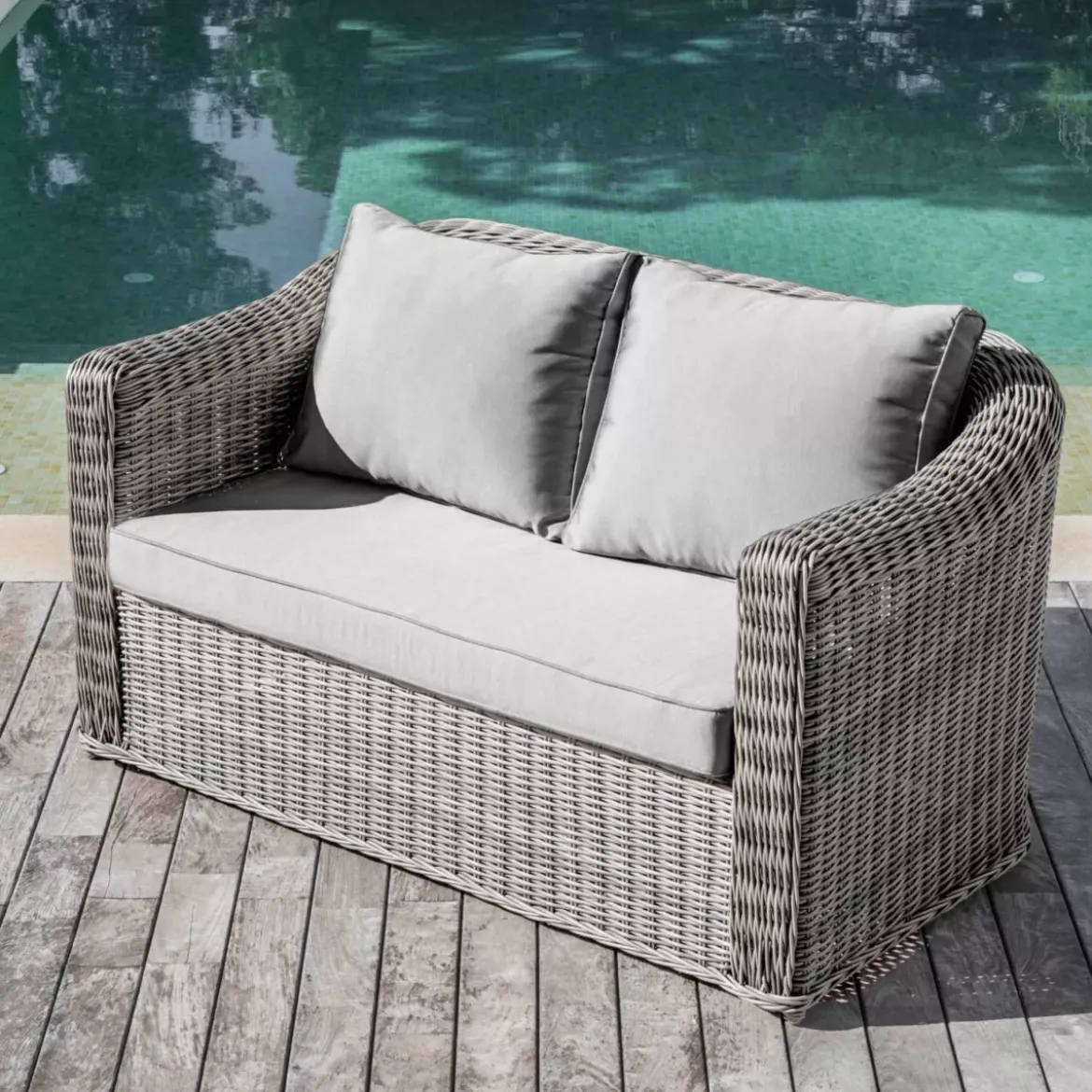 Divano da giardino in resina intrecciata 2 posti Calvi Grigio chiaro
