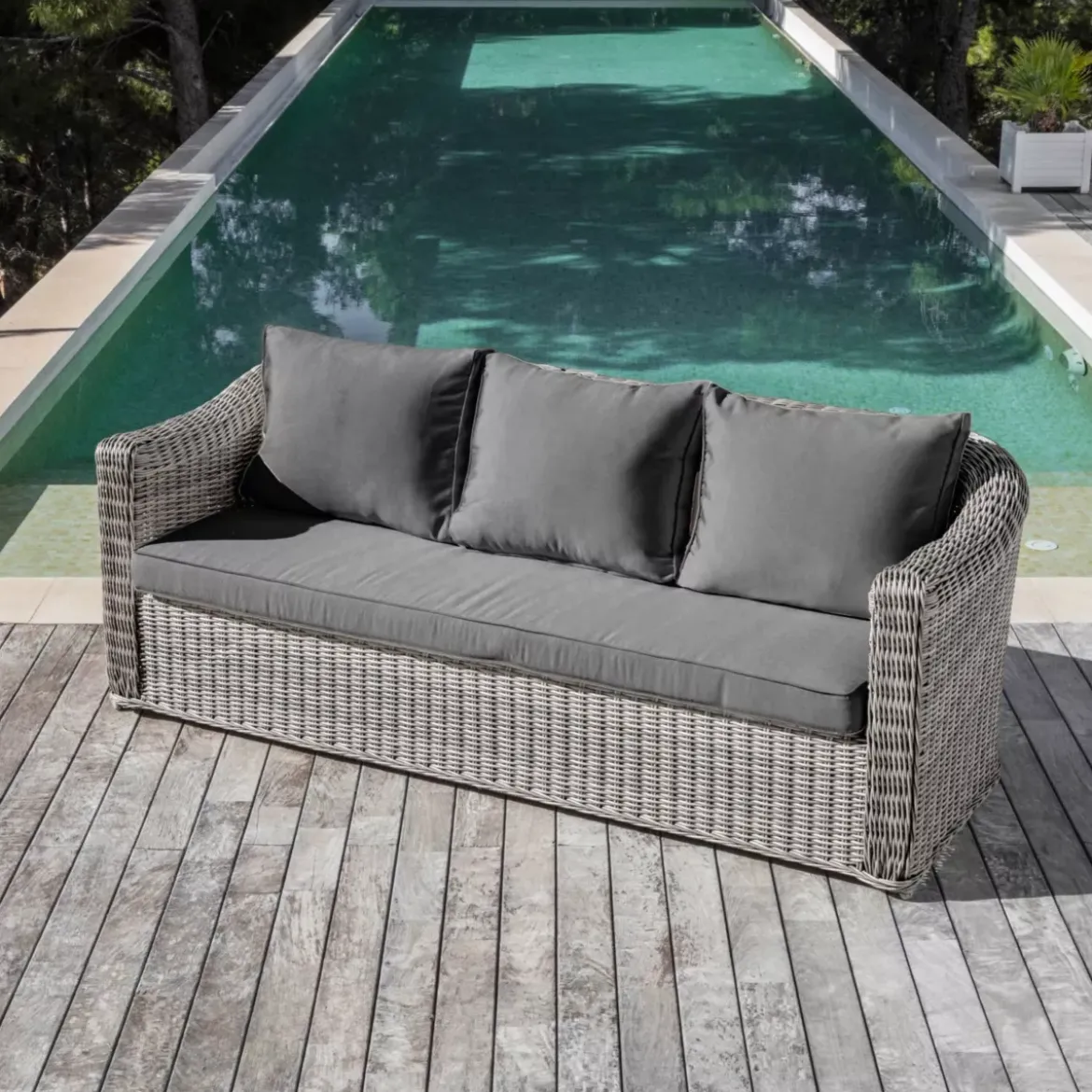 Divano da giardino in resina intrecciata 3 posti Calvi Grigio e grigio scuro
