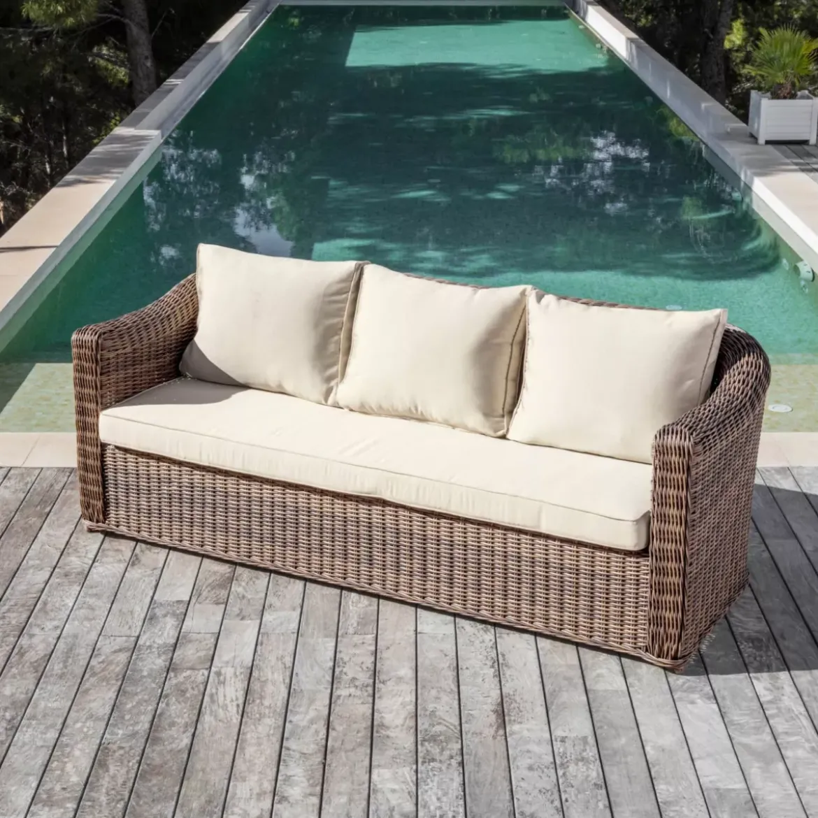 Divano da giardino in resina intrecciata 3 posti Calvi Seppia e beige