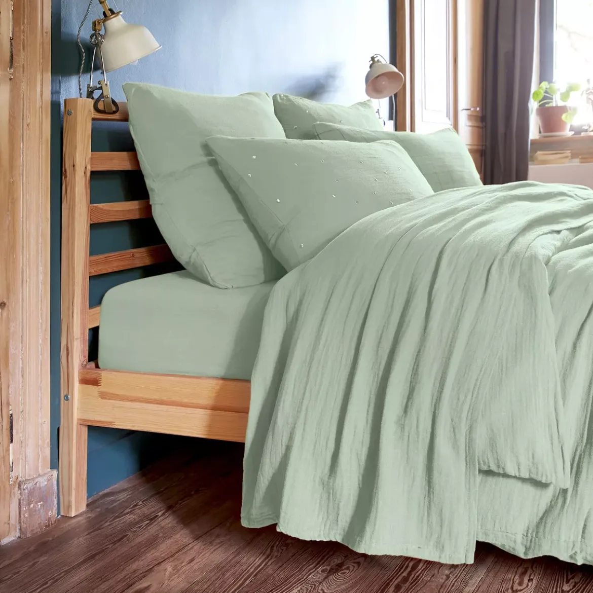 Federa per cuscino letto quadrata in garza di cotone (60 x 60 cm) Gaia Chic Verde eucalipto