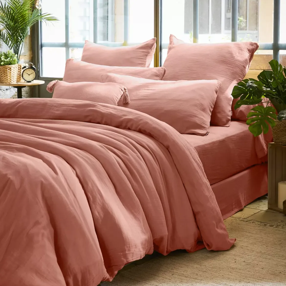 Federa quadrata garza di cotone (60 x 60 cm) Gaïa Rosa pesca