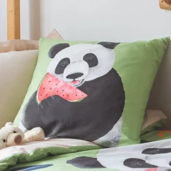Federa quadrata per cuscino da bambino percalle di cotone (65 x 65 cm) Panda Verde