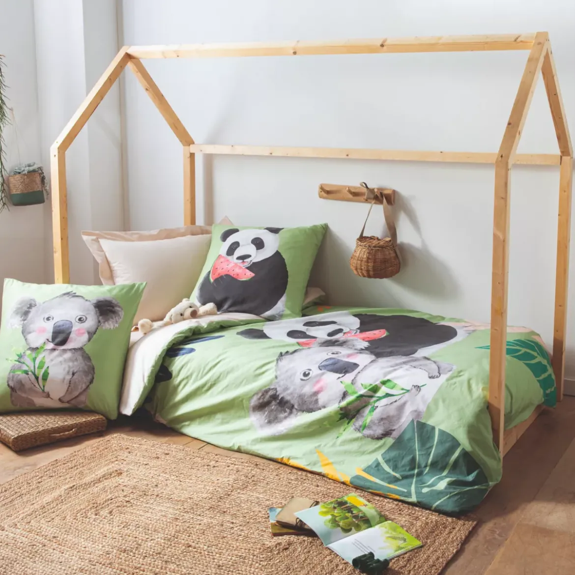 Federa quadrata per cuscino da bambino percalle di cotone (65 x 65 cm) Panda Verde
